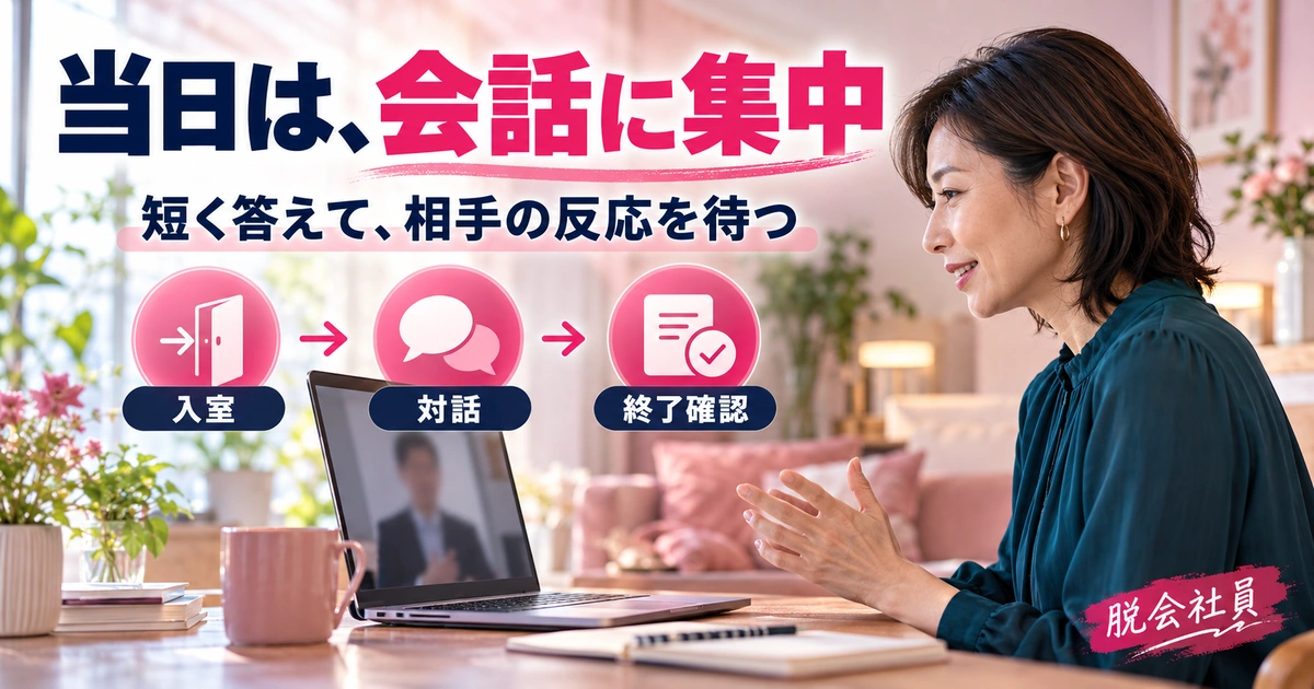 オンライン面接の入室・対話・終了確認を確認する生成イメージ