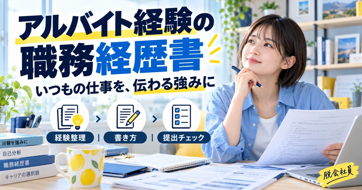 アルバイト経験を整理して職務経歴書へまとめる手順を示す生成イメージ