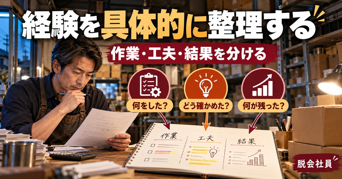 仕事の作業・工夫・結果を分けて棚卸しする生成イメージ