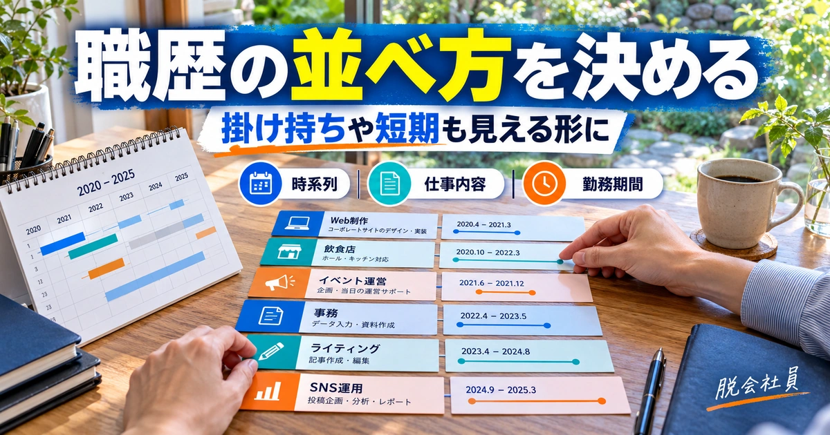 掛け持ちや短期の職歴を時系列と仕事内容で整理する生成イメージ