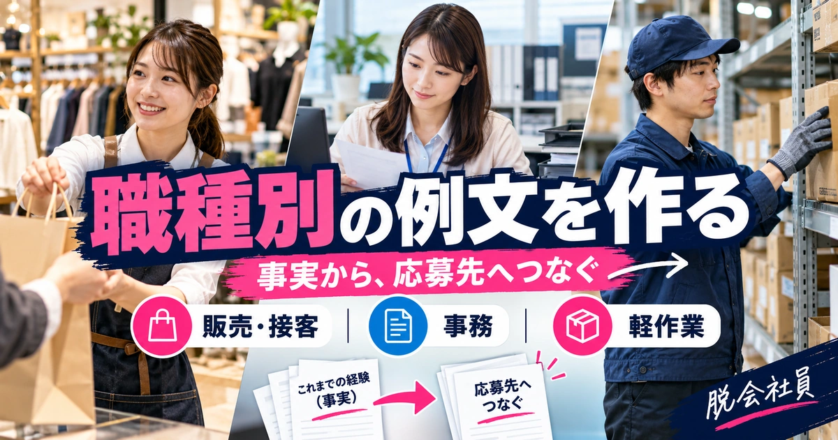 販売・接客、事務、軽作業の経験を例文へつなぐ生成イメージ