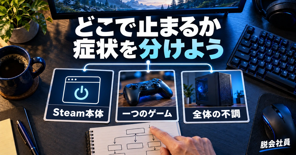 Steam本体・一つのゲーム・PC全体の不調を分ける生成イメージ