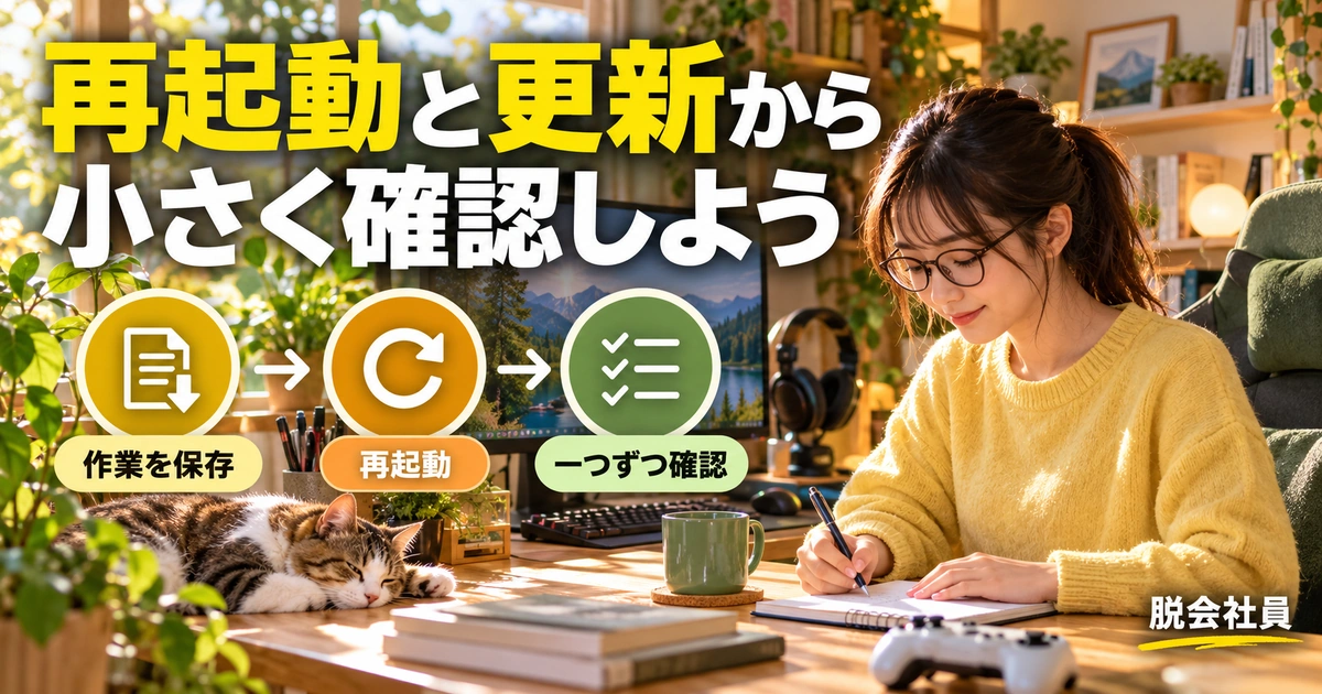保存・再起動・一項目ずつの確認を示す生成イメージ