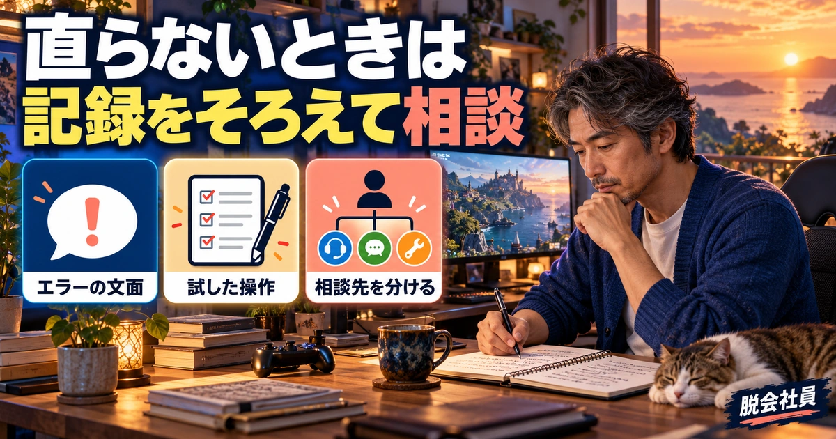 エラー文・実施手順・相談先をまとめる生成イメージ