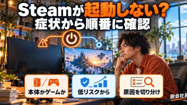 Steamの起動トラブルを症状別に解説する生成イメージ