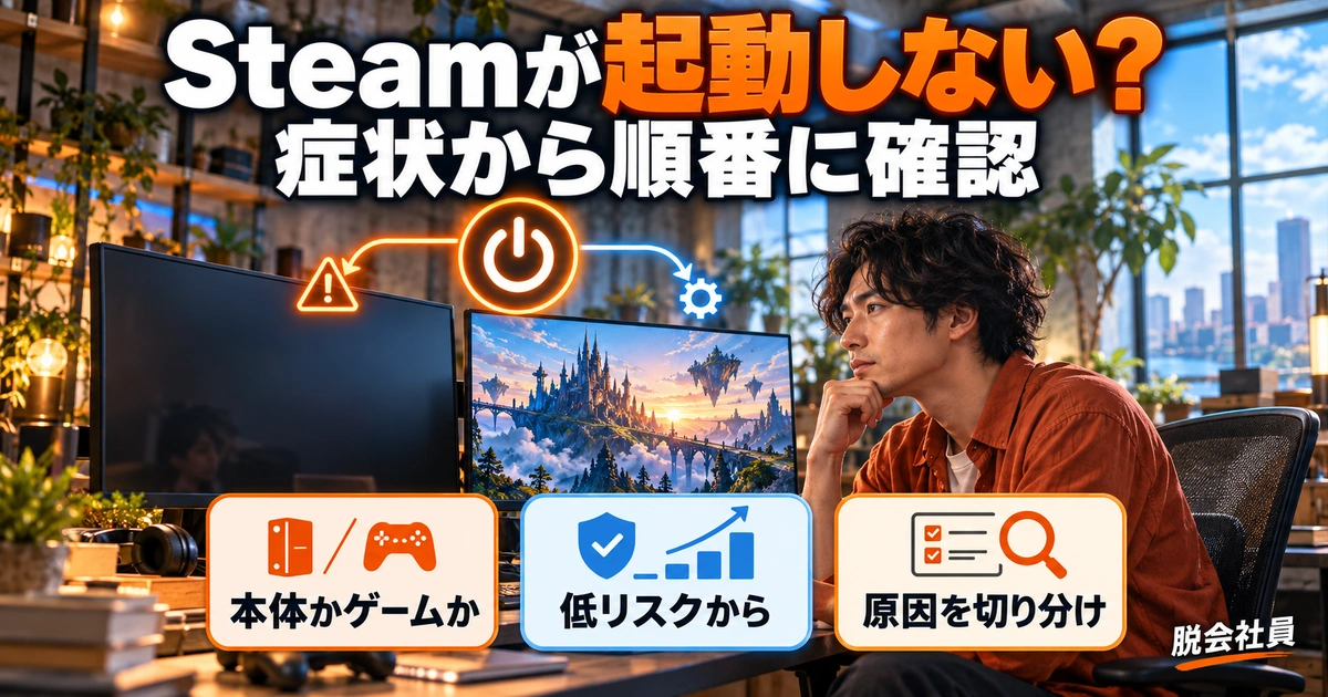 Steamの起動トラブルを症状別に解説する生成イメージ