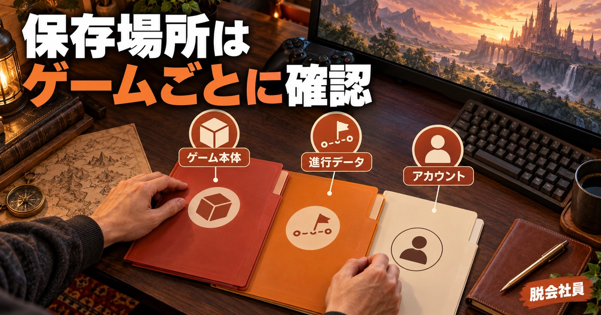 ゲーム本体・セーブ・クラウドの違いを示す生成イメージ