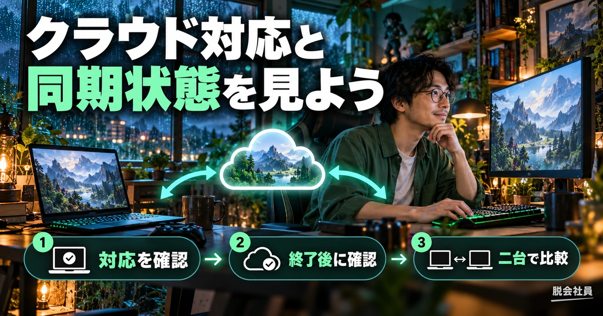 PCとクラウドの同期確認を図解した生成イメージ