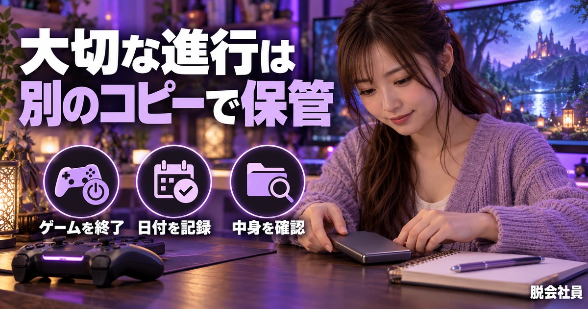 日付を付けた保管用コピーとゲーム内確認を示す生成イメージ