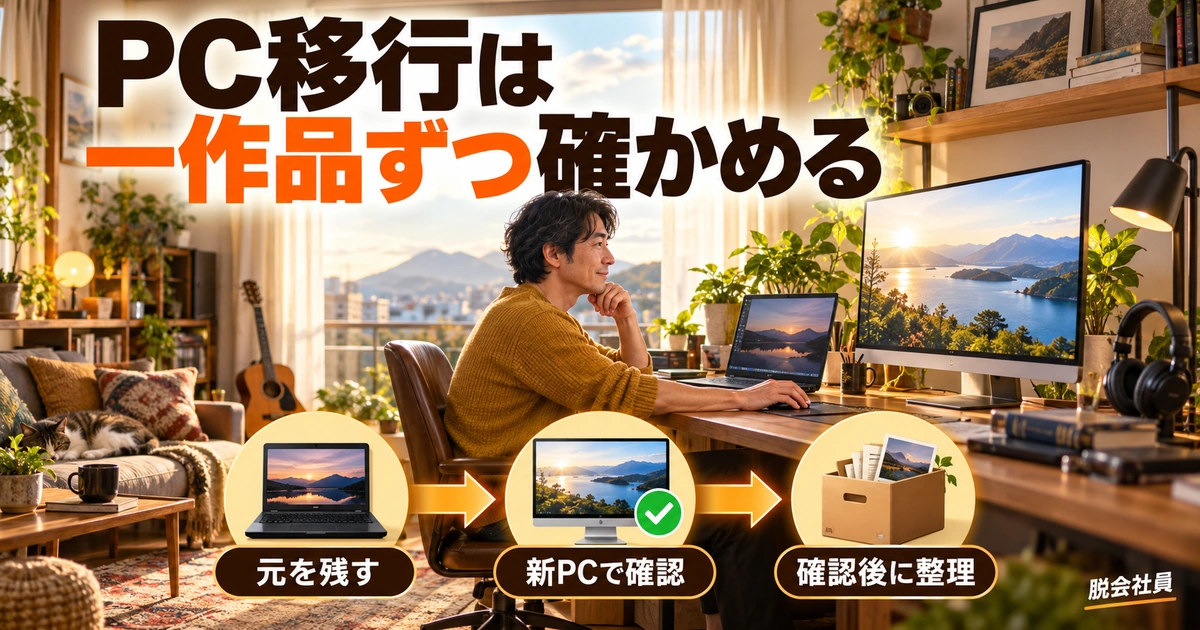 二台のPC間で確認を進める移行手順の生成イメージ