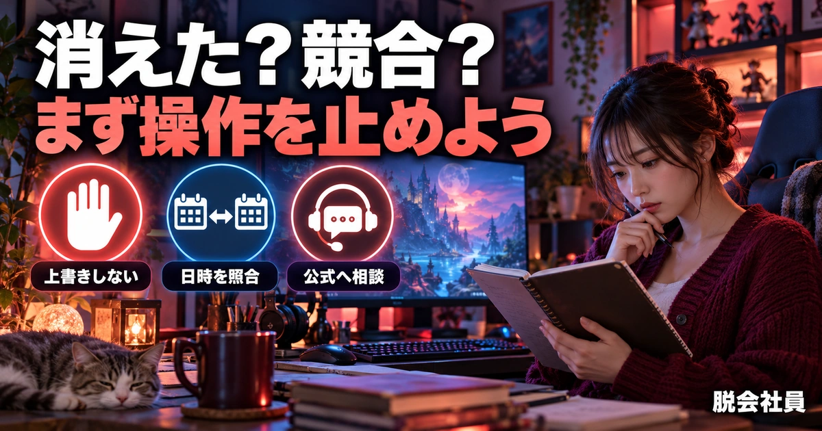 警告画面で止まり、残るデータと日時を比較する生成イメージ