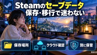 Steamのセーブデータの保存・移行を解説する生成イメージ