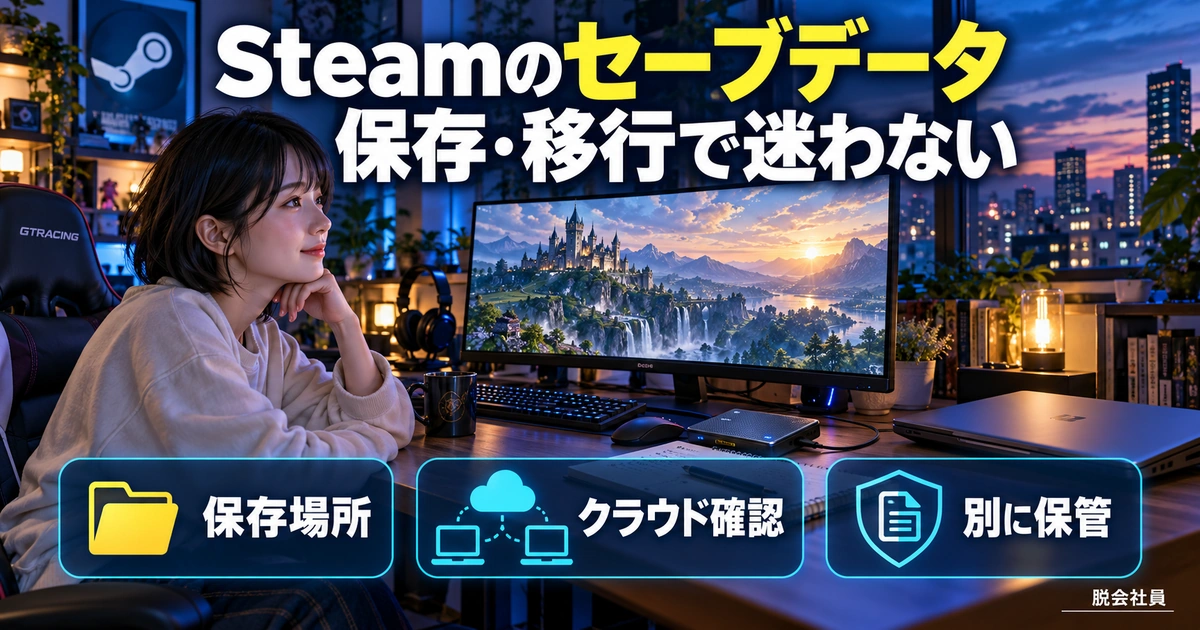 Steamのセーブデータの保存・移行を解説する生成イメージ