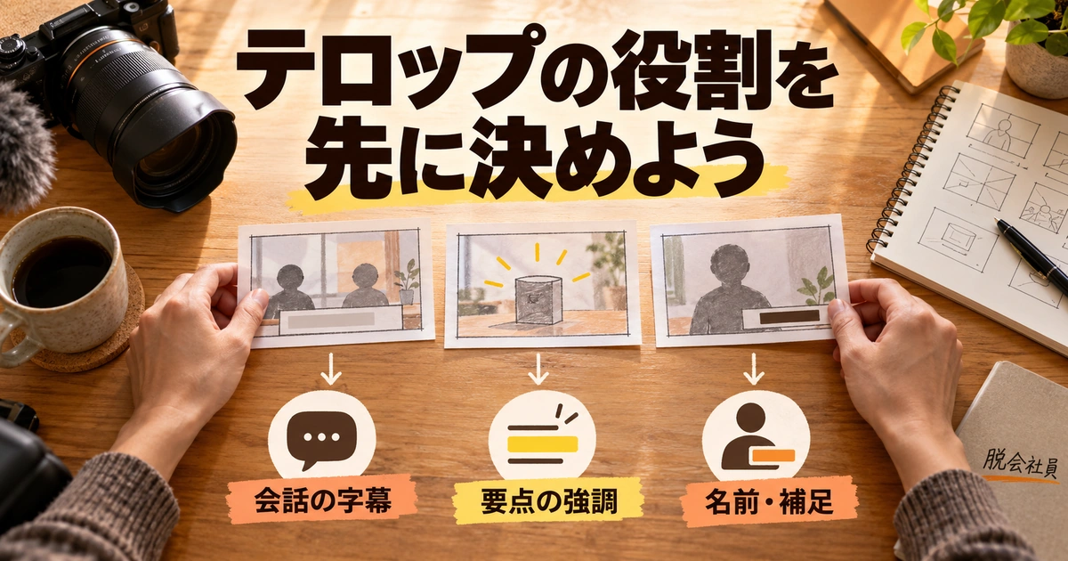 字幕・要点・補足の役割を分けるテロップ制作の生成イメージ
