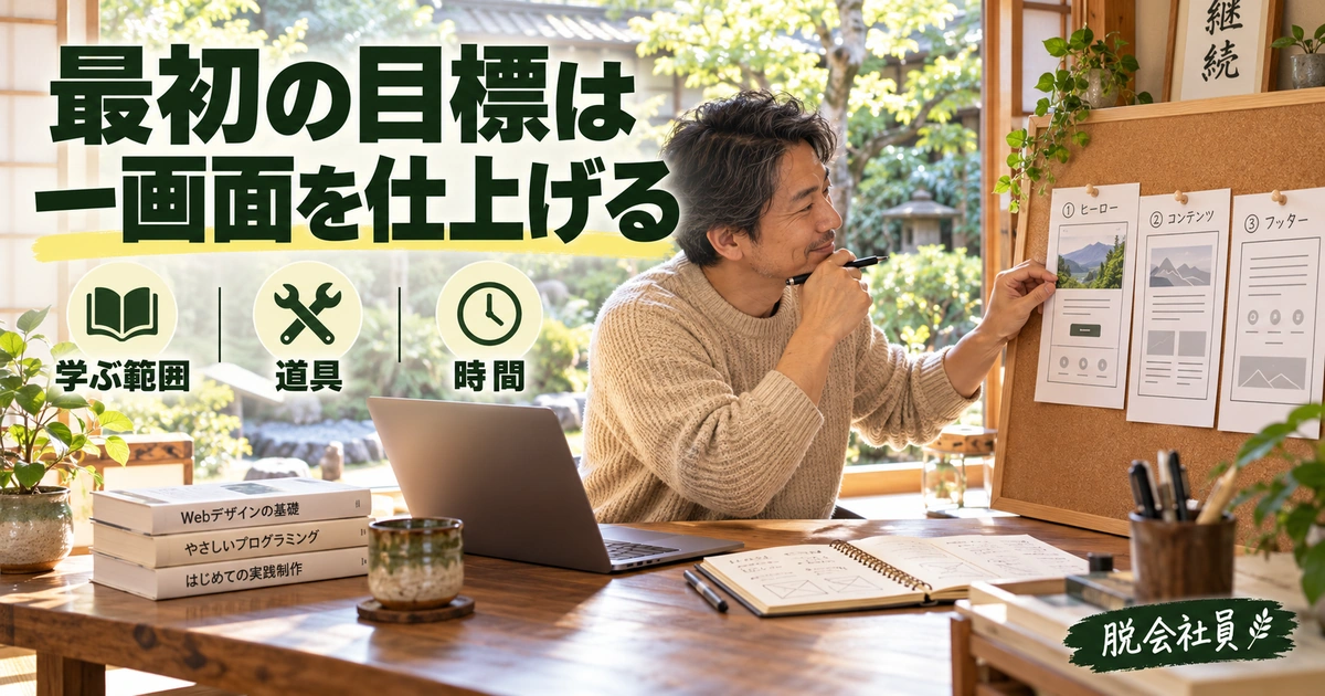 最初に学ぶ範囲・道具・時間を決めて一画面の完成を目指すイメージ