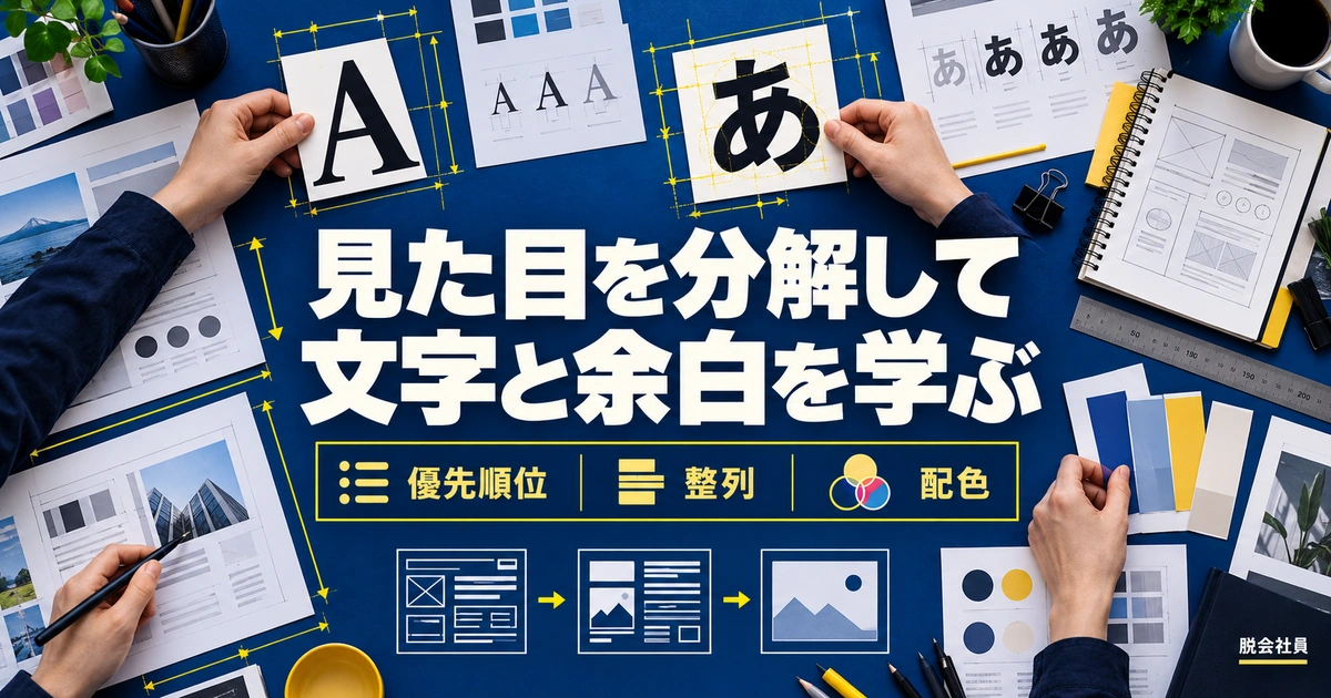 文字と余白を優先順位・整列・配色に分けて練習するイメージ