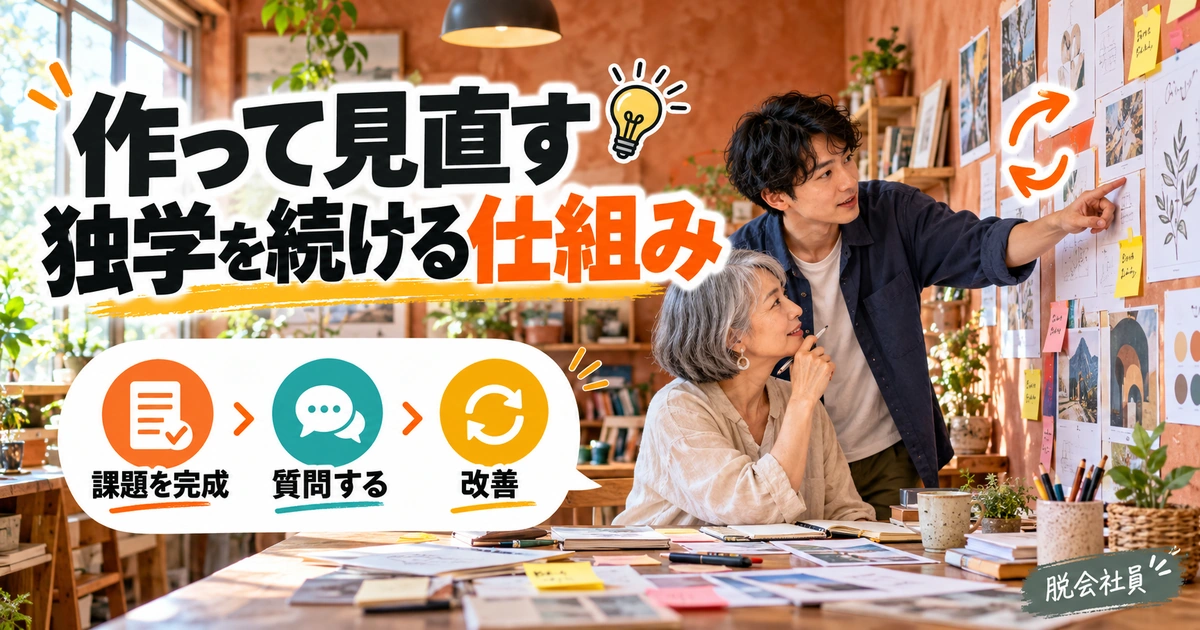 課題を完成させ、質問と改善を繰り返す独学のイメージ