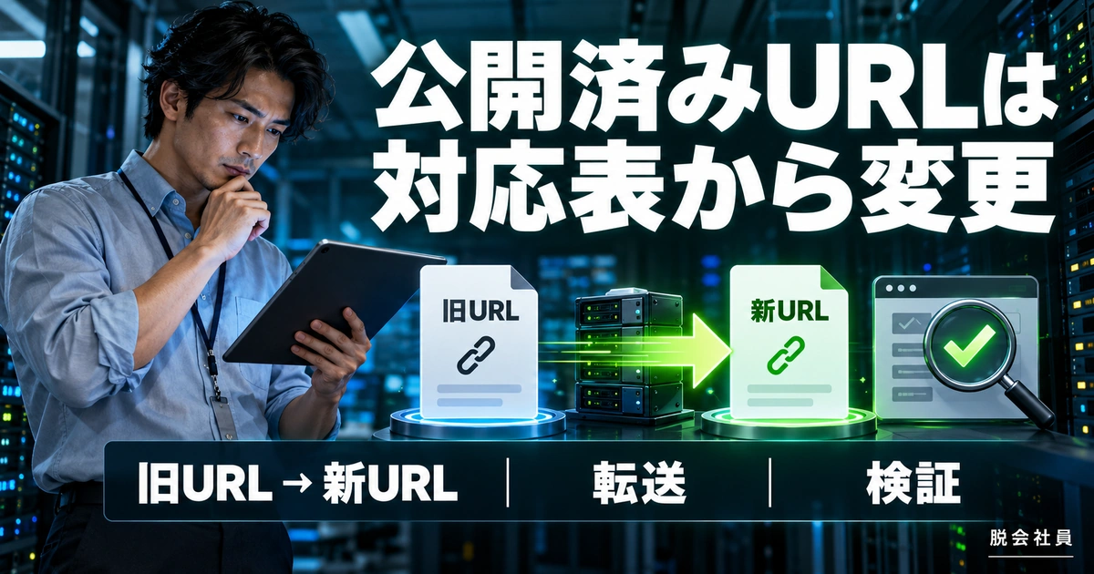 旧URLから新URLへの対応表と転送を確認するイメージ