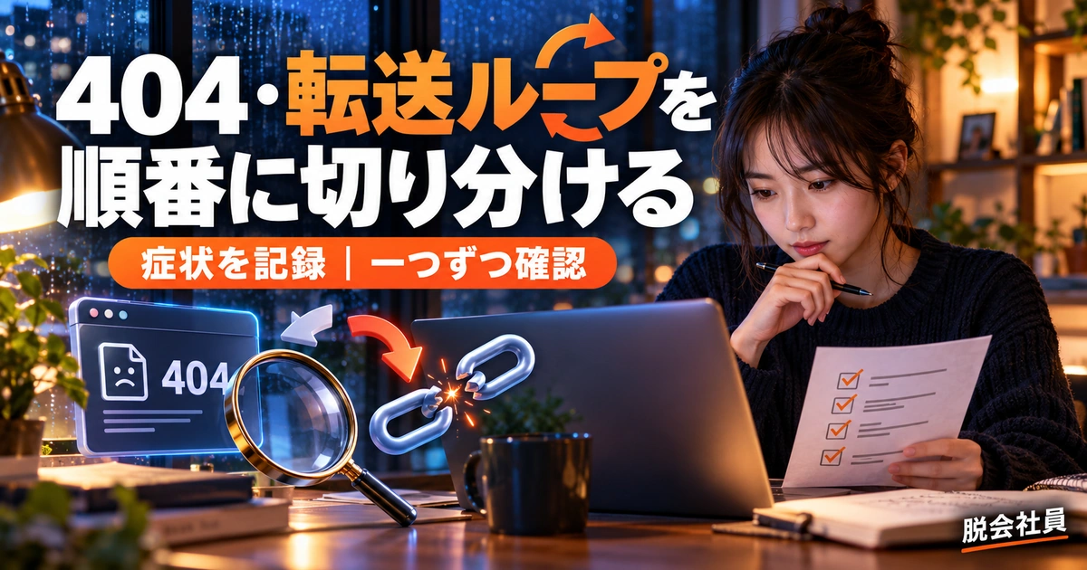 404や転送ループの症状を記録し一つずつ調べるイメージ