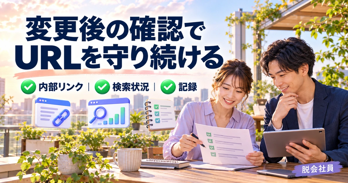 内部リンクと検索状況、変更記録を点検するイメージ