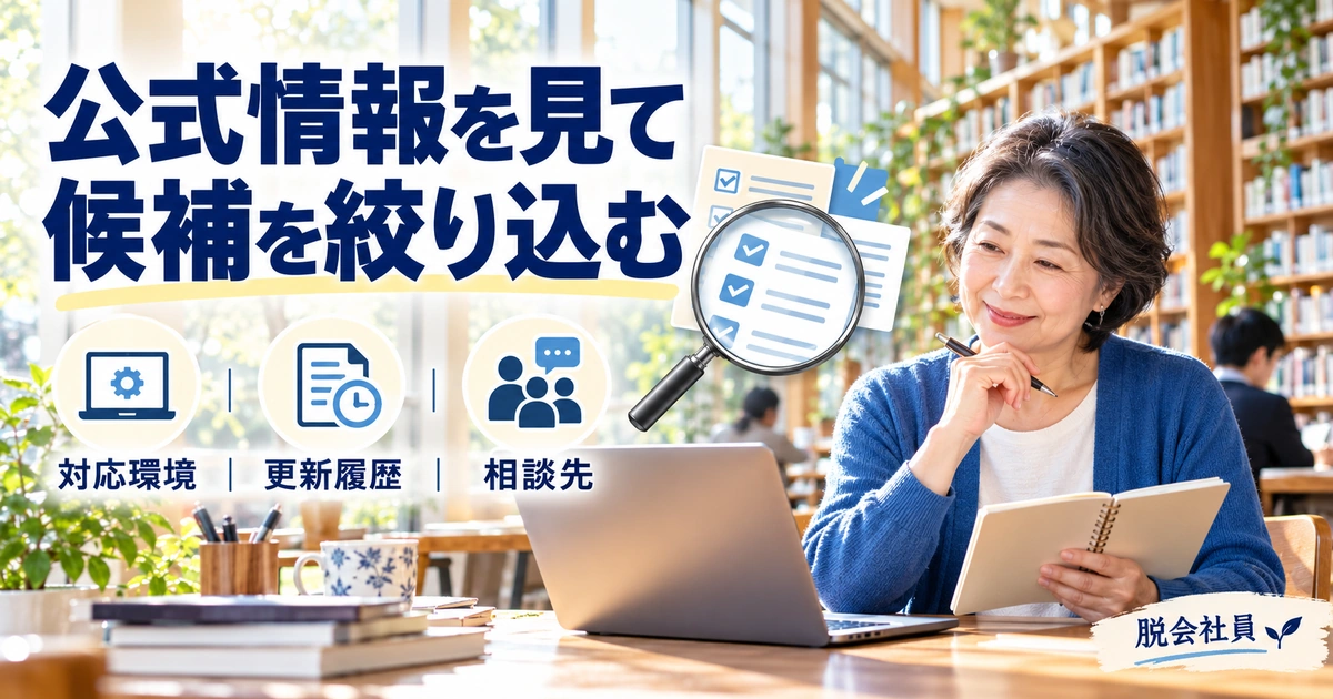 対応環境・更新履歴・相談先の公式情報を比較するイメージ