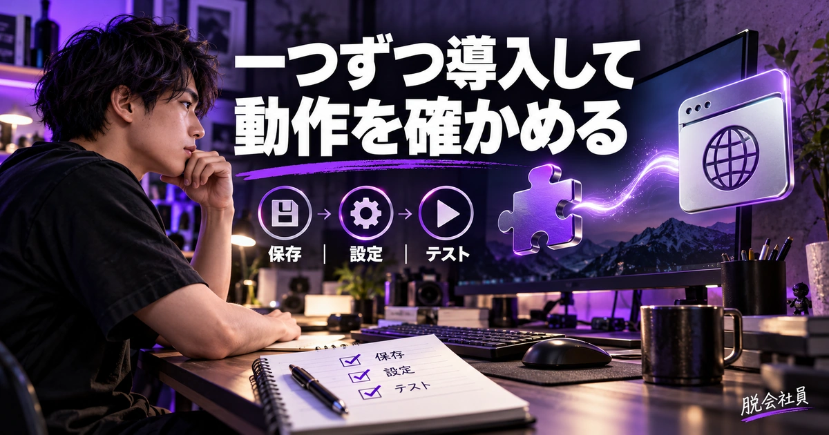 一つずつ導入し保存・設定・テストを確かめるイメージ