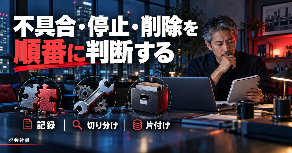 不具合を記録して切り分け、停止や削除を判断するイメージ