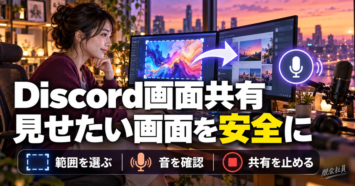 Discord画面共有。見せたい画面を安全にを説明する生成イメージ