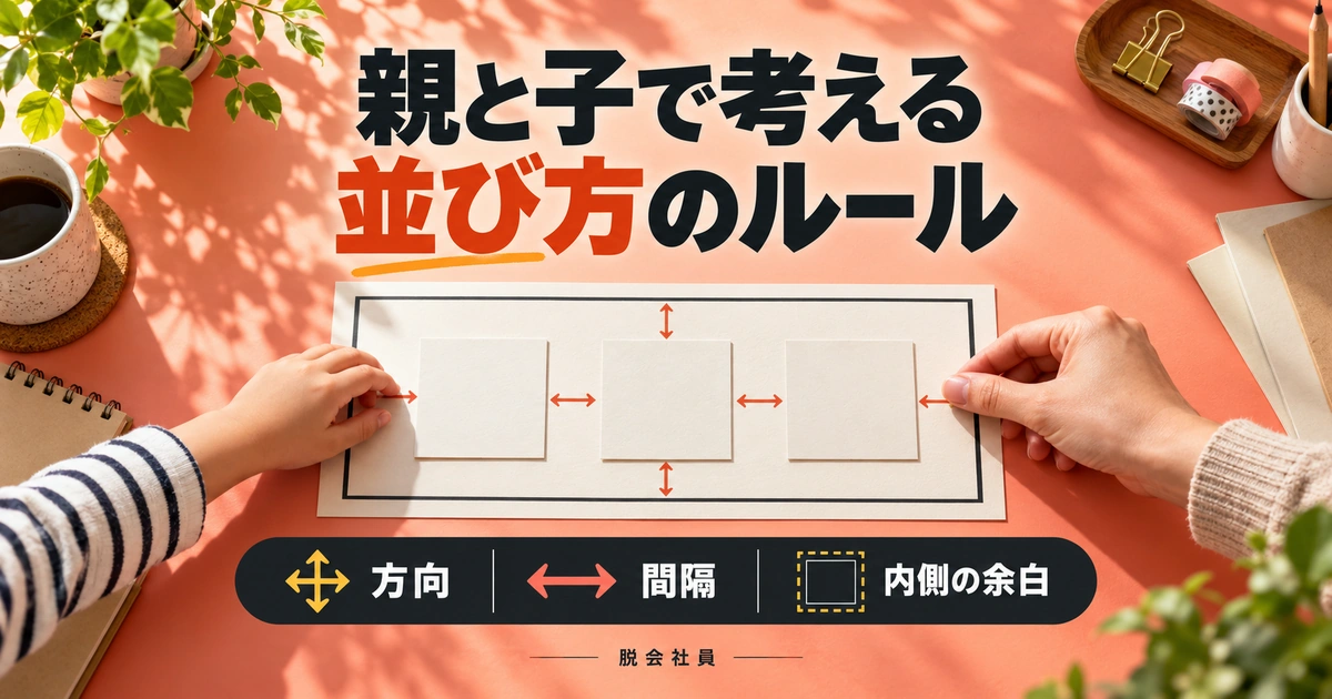 親と子で考える。並び方のルールを説明する生成イメージ