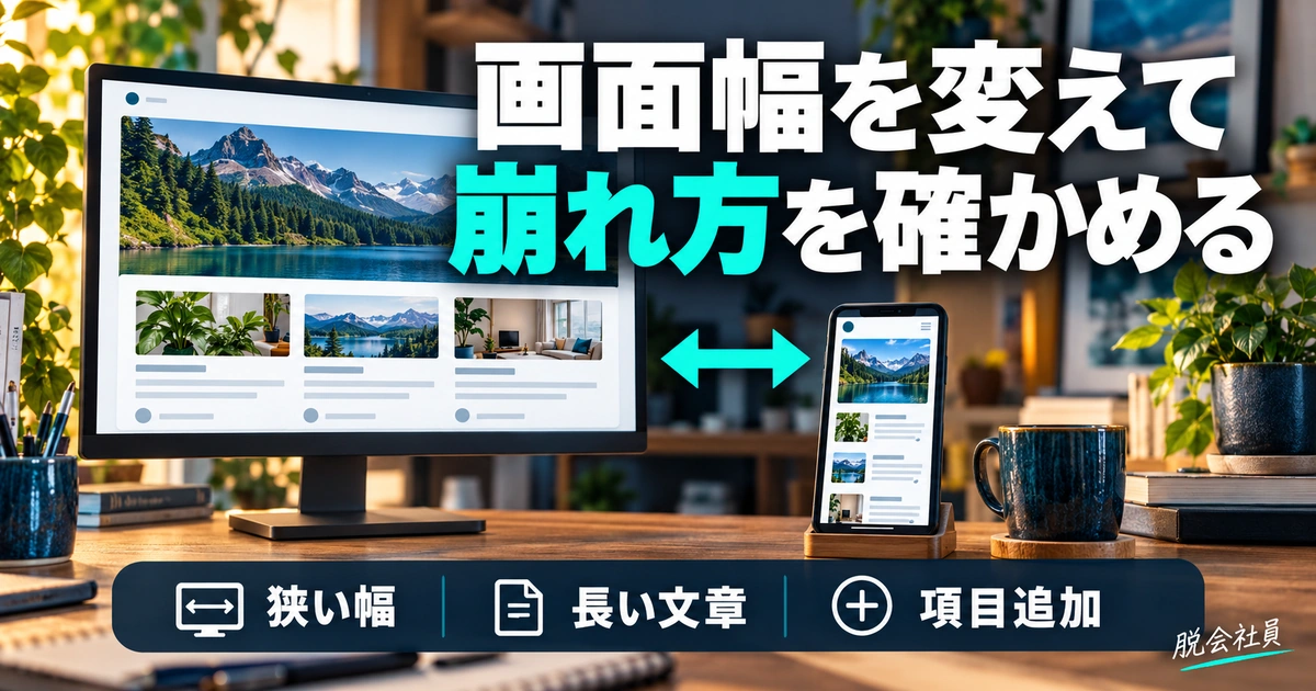 画面幅を変えて。崩れ方を確かめるを説明する生成イメージ