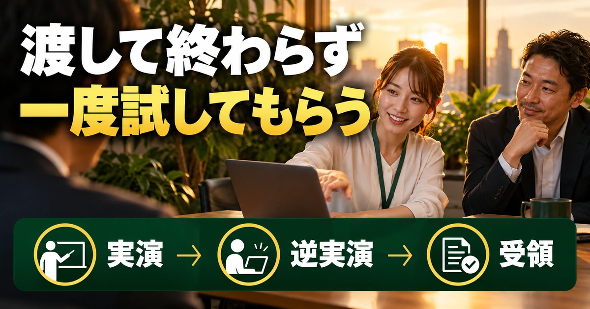 渡して終わらず:一度試してもらうを写真と図解で説明する生成イメージ