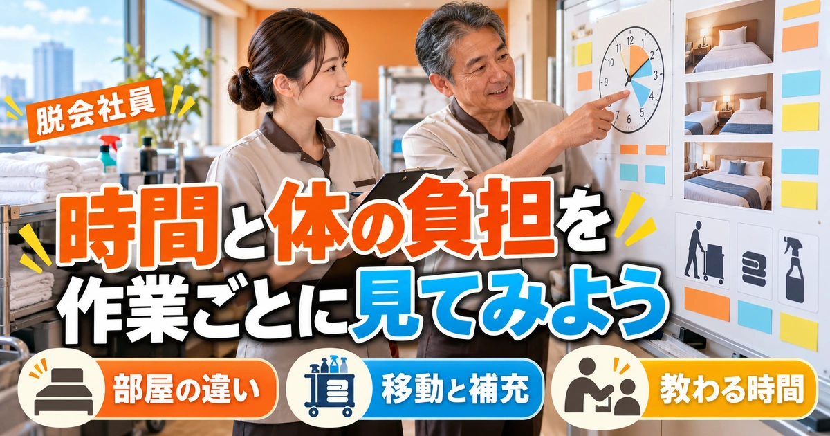 時間と体の負担を:作業ごとに見てみようを写真と図解で説明する生成イメージ