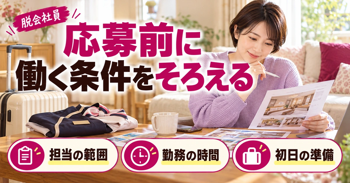 応募前に:働く条件をそろえるを写真と図解で説明する生成イメージ