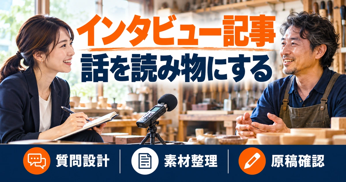 インタビュー記事：話を読み物にするを写真と図解で説明する生成イメージ