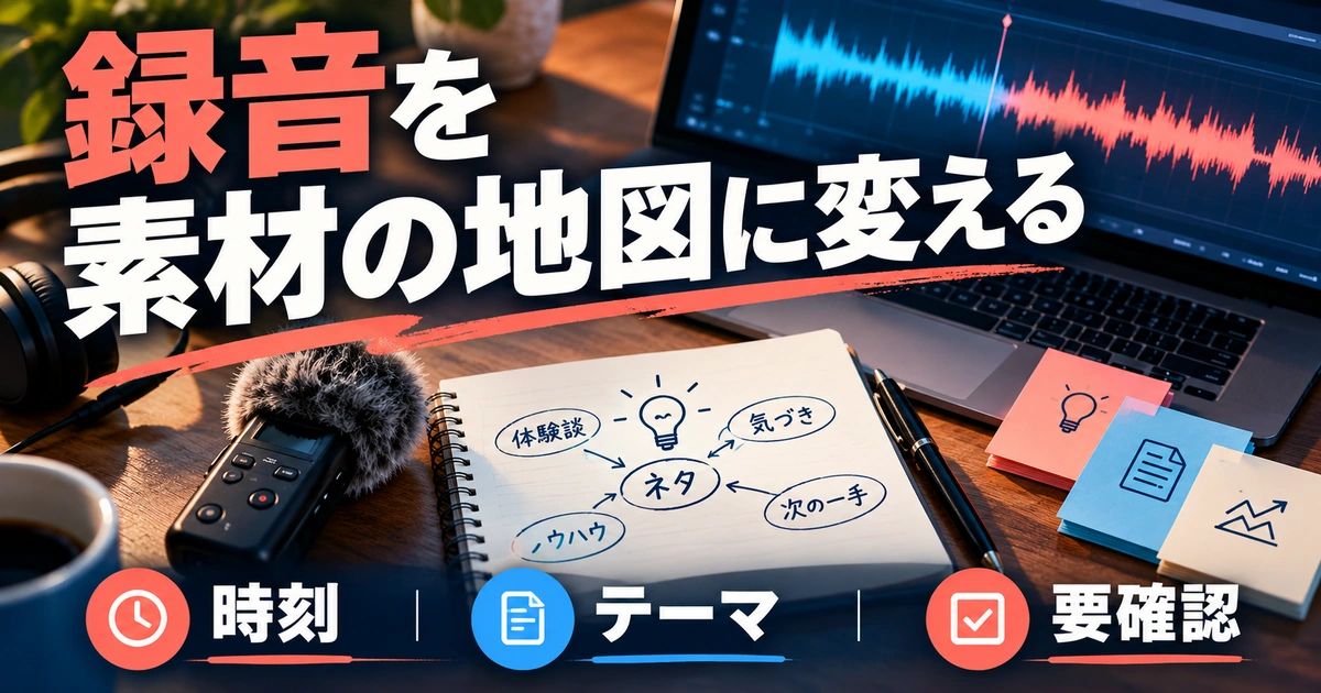 録音を：素材の地図に変えるを写真と図解で説明する生成イメージ