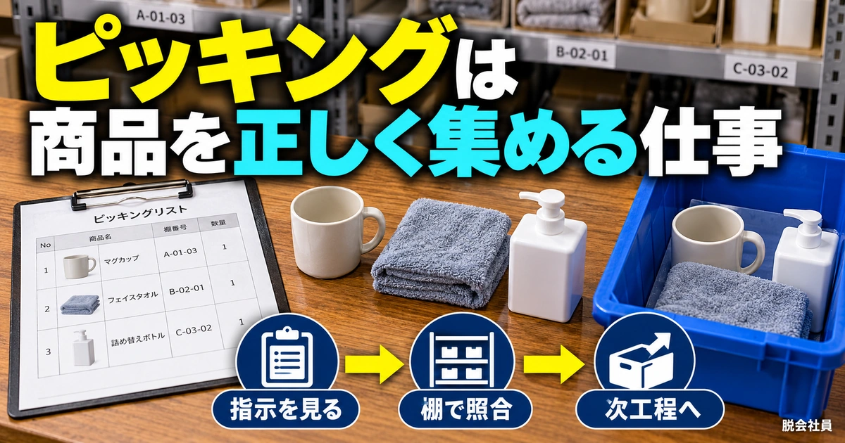 ピッキングは:商品を正しく集める仕事を写真と図解で説明する生成イメージ