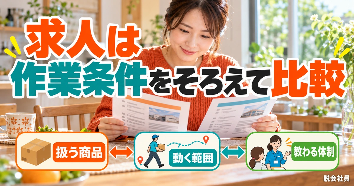 求人は:作業条件をそろえて比較を写真と図解で説明する生成イメージ
