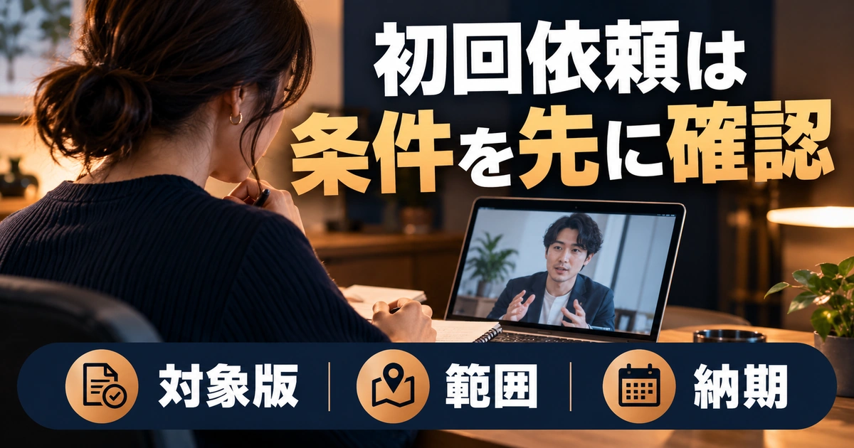 初回依頼は:条件を先に確認を写真と図解で説明する生成イメージ