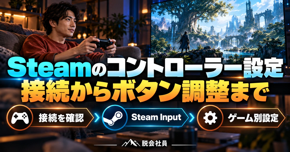 Steamのコントローラー設定。接続からボタン調整までを説明する生成イメージ