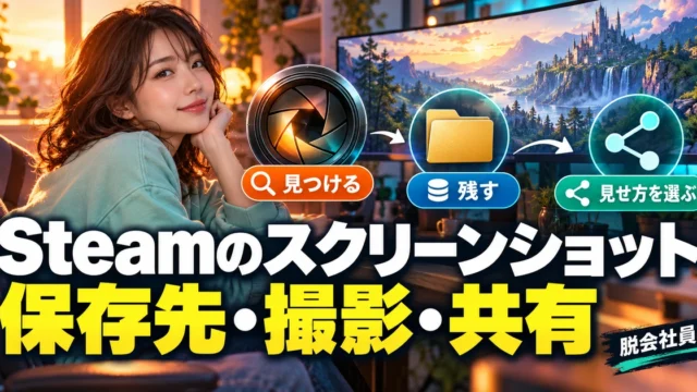 Steamのスクリーンショット。保存先・撮影・共有を説明する生成イメージ