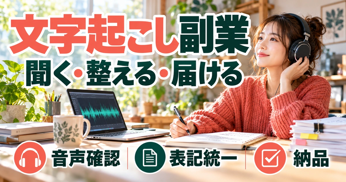 文字起こし副業：聞く・整える・届けるを写真と図解で説明する生成イメージ