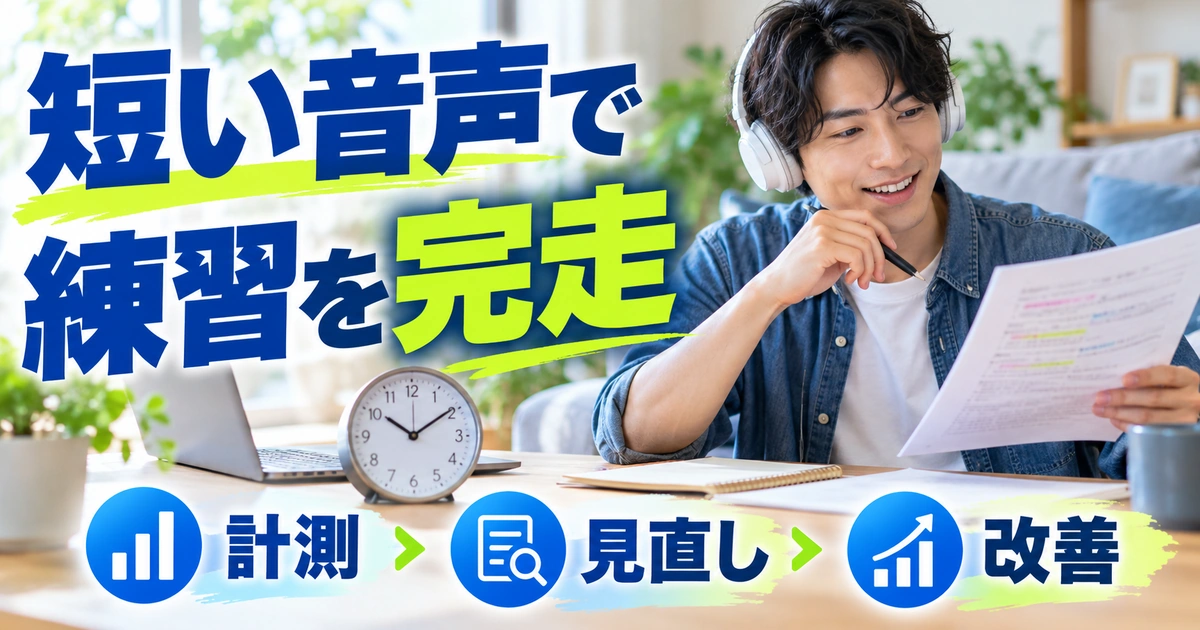 短い音声で:練習を完走を写真と図解で説明する生成イメージ