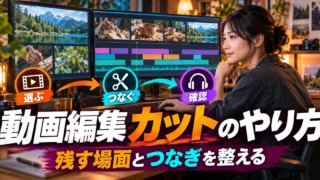 動画カットで残す場面・つなぎ・確認を考える編集作業のイメージ