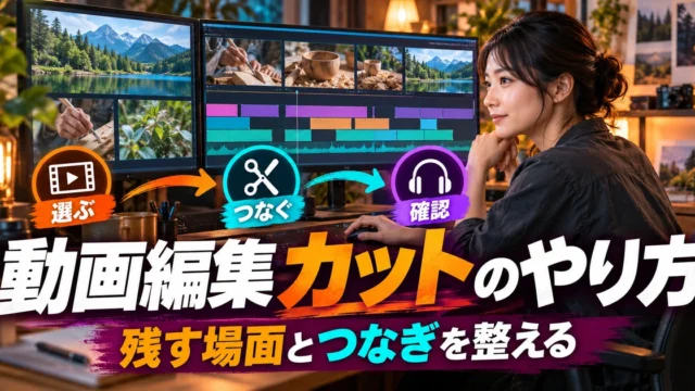 動画カットで残す場面・つなぎ・確認を考える編集作業のイメージ