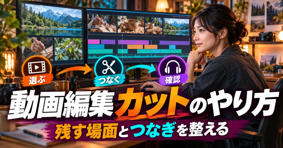 動画カットで残す場面・つなぎ・確認を考える編集作業のイメージ