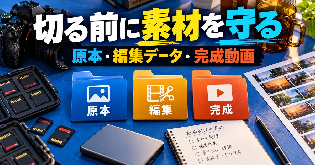 原本・編集データ・完成動画を分けて保管するイメージ
