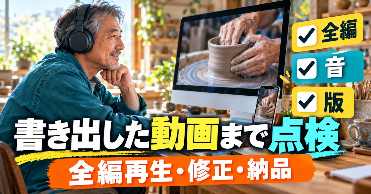 完成動画を全編再生して映像・音・版を点検するイメージ