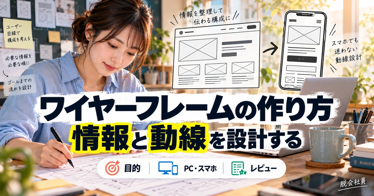 ワイヤーフレームの作り方。情報と動線を設計するを説明する生成イメージ