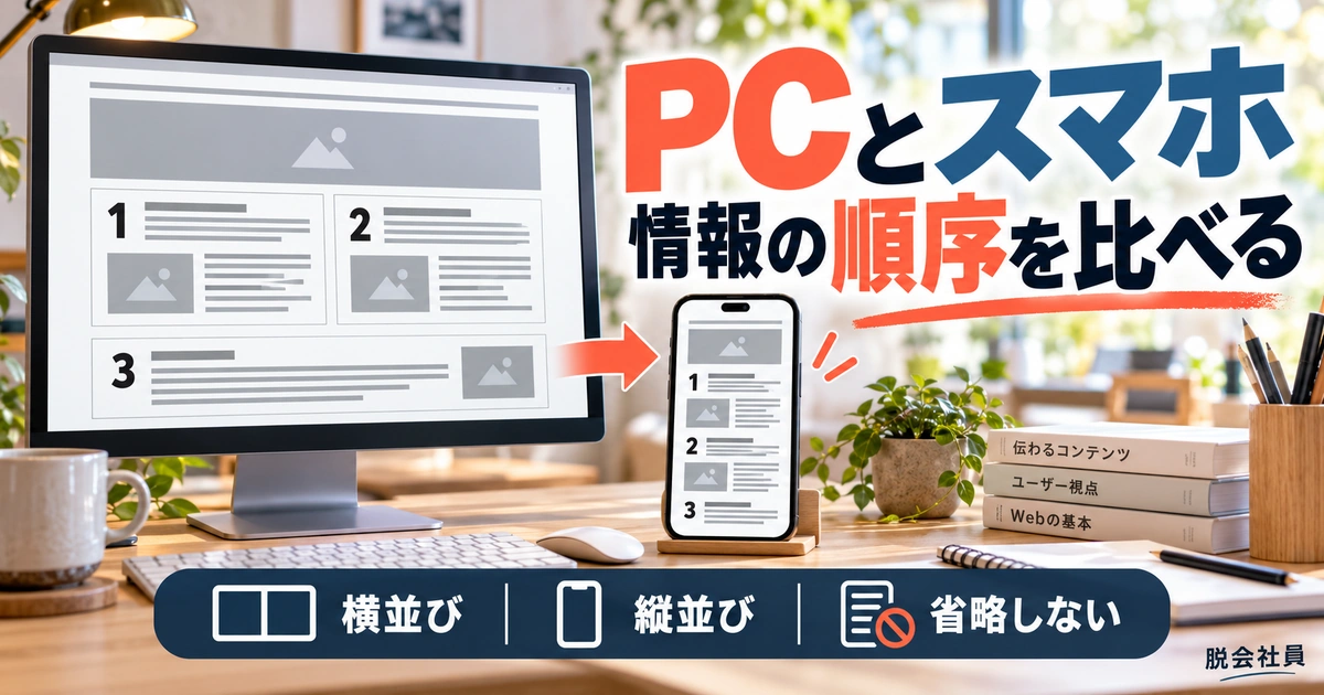 PCとスマホ。情報の順序を比べるを説明する生成イメージ