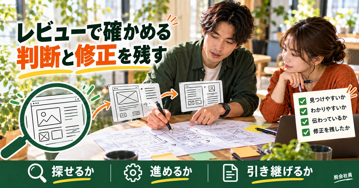 レビューで確かめる。判断と修正を残すを説明する生成イメージ